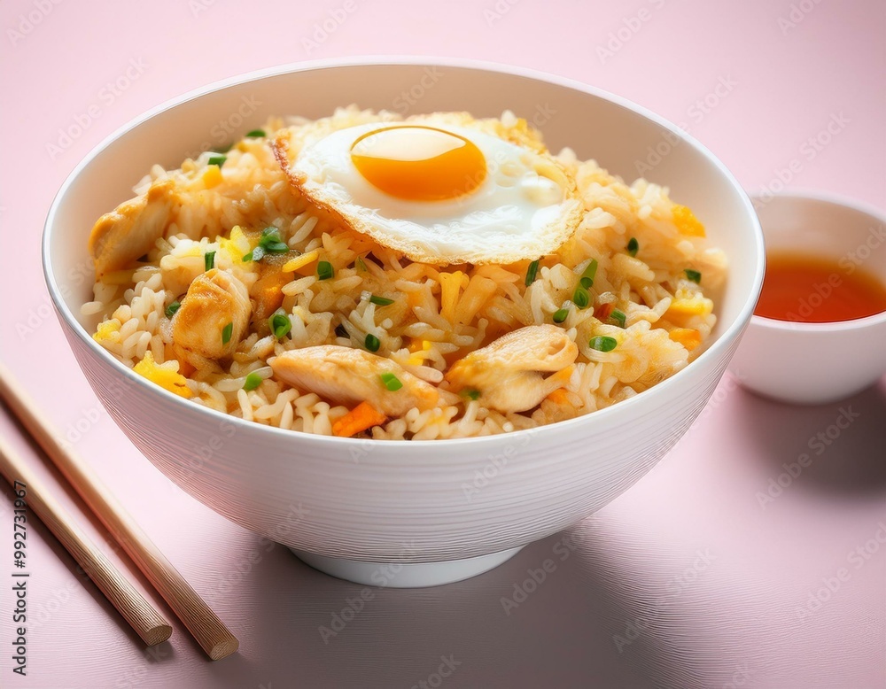 Chicken fried rice with egg on top served in a white bowl with chopsticks Chicken fried rice with egg on top served in a white bowl with chopsticks