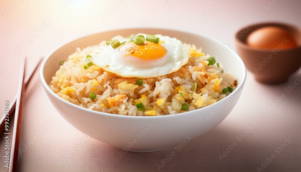 Chicken fried rice with egg on top served in a white bowl with chopsticks Chicken fried rice with egg on top served in a white bowl with chopsticks