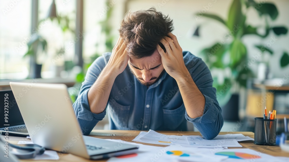 Man feeling stress tired headache at laptop Caucasian male in office Man feeling stress tired headache at laptop Caucasian male in office