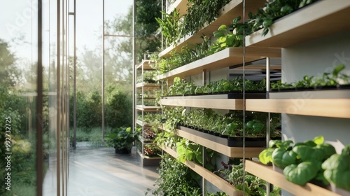 Innovative vertical farm with hydroponic shelving, plants growing on multiple levels inside a modern greenhouse