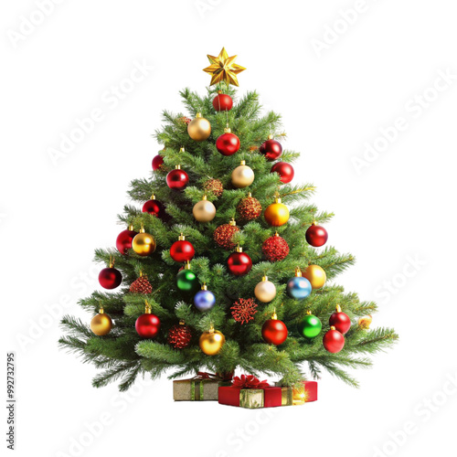 Celebrate Christmas gifts under the tree the season , shiny ornaments for new year festive  Christmas tree, featuring shimmering decorations and thoughtful presents below transparent PNG background 
