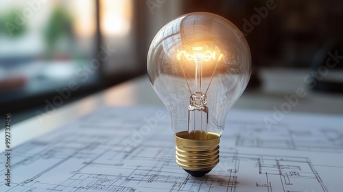 Lightbulb on a table of blueprints, illustrating creation and innovation from case study analysis