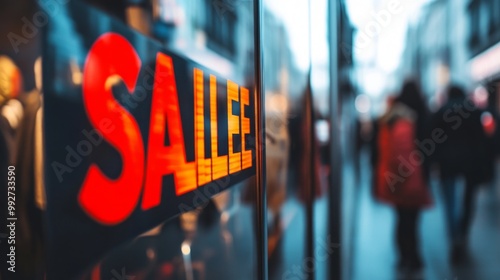 Prominent sale notice in a glass window, people walking past on the street behind, softly blurred.