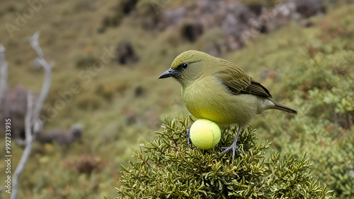 Tennis Ball Bird, Mount Kilimanjaro, Route from Mandara Hut Camp to Horombo Hut Camp, Heather and green grass landscape background, photo