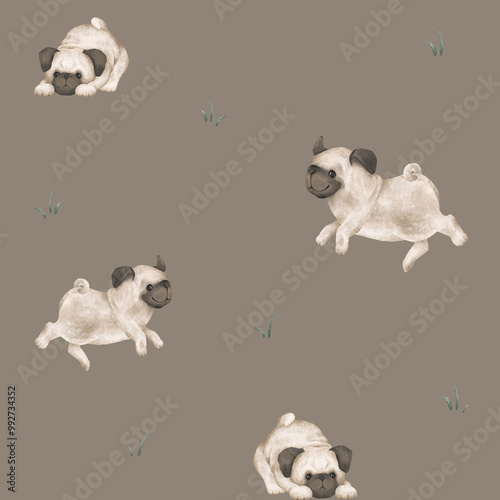 Seamless pattern of animal dogs and green grass for kids. Hand drawn illustration of pug running or jumping on isolated background. Minimalist Scandinavian style. Cute pets for kids post or stickers photo