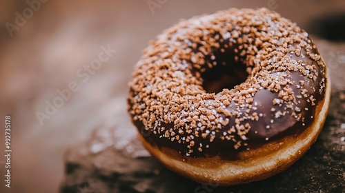 A delicious, classic brown donut with a smooth and shiny glaze, presented in high detail. The donut’s golden-brown exterior and soft texture make it an irresistible treat, 