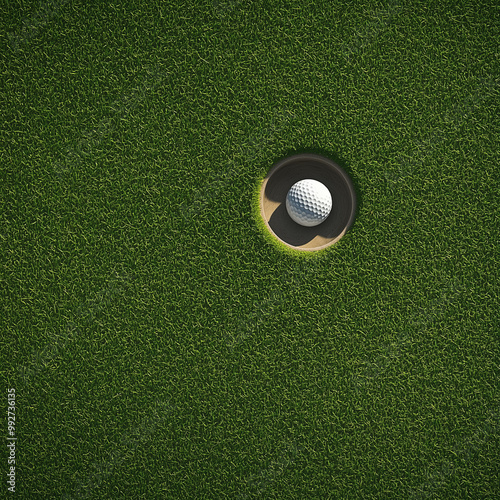 Top-down view of a golf ball next to the hole, perfectly trimmed grass around the hole, midday lighting, clean and precise composition
