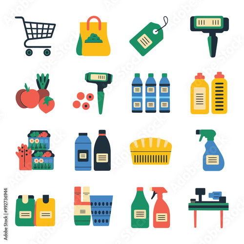 illustrations vector sale offer supper market items icon  for juice and basket ,label ,price , fruits , others 
