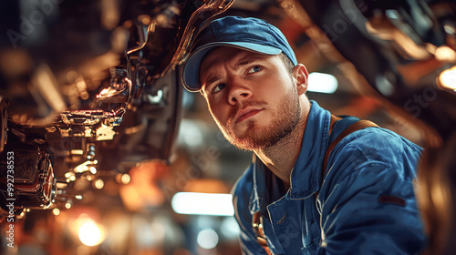 Car mechanic worker wearing a blue uniform and a cap, standing under the car in a modern garage room. Generative AI