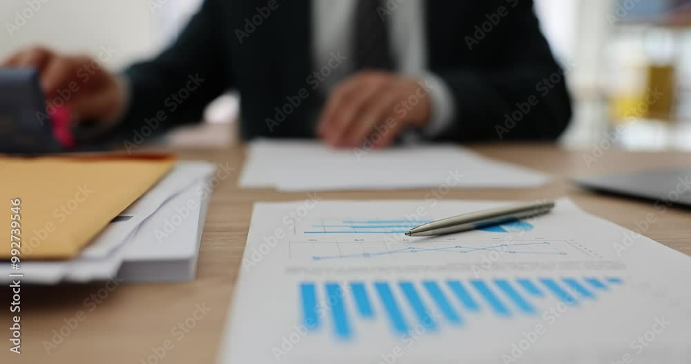 Male office worker stamps on documents sitting at workplace with analytics papers. Manager in official suit works hardly preparing documentation for investors Male office worker stamps on documents sitting at workplace with analytics papers. Manager in official suit works hardly preparing documentation for investors