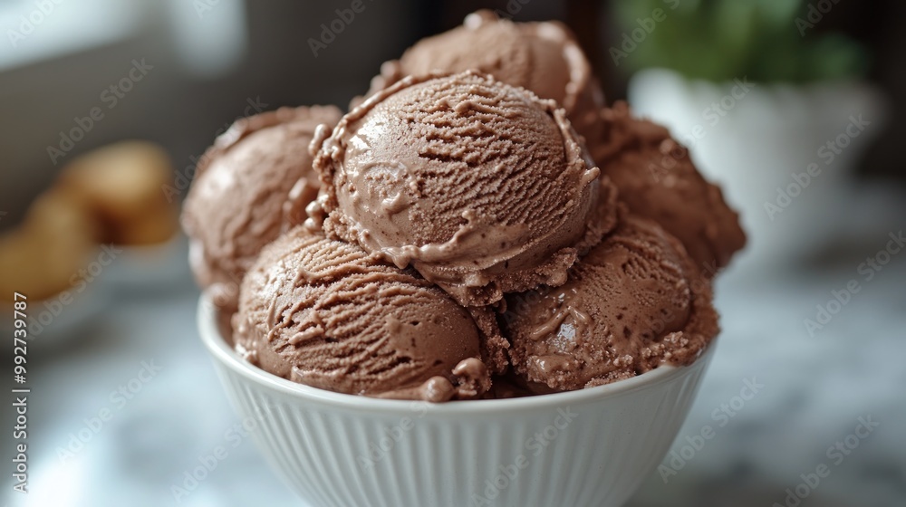 A bowl filled with scoops of rich chocolate ice cream. A bowl filled with scoops of rich chocolate ice cream.