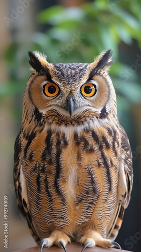 An owl sitting gracefully in a luxurious room with elegant curtains and sophisticated decor.