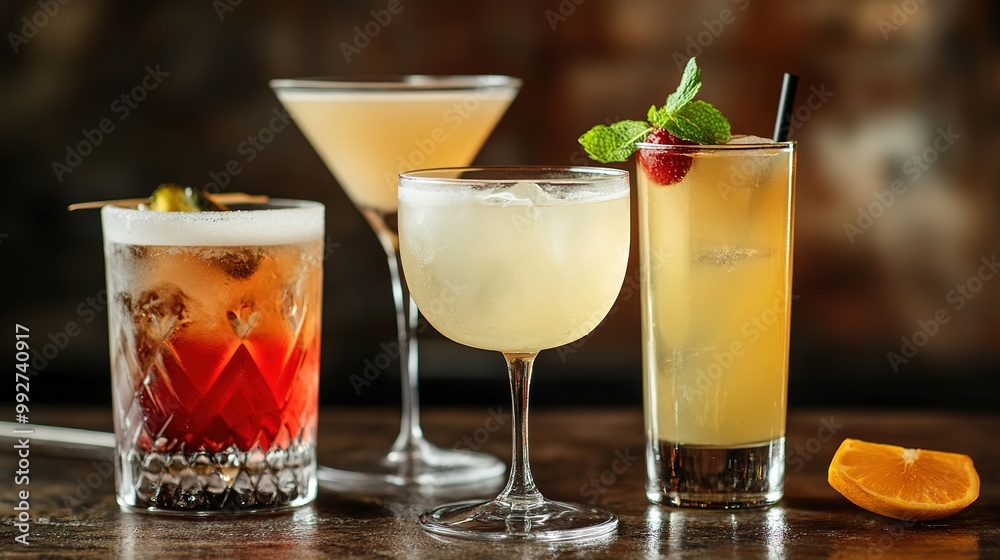 A collection of classic bar cocktails displayed elegantly, showcasing a variety of iconic drinks that have stood the test of time. A collection of classic bar cocktails displayed elegantly, showcasing a variety of iconic drinks that have stood the test of time.