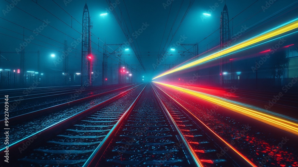 Empty train tracks with glowing light trails in the night. Empty train tracks with glowing light trails in the night.