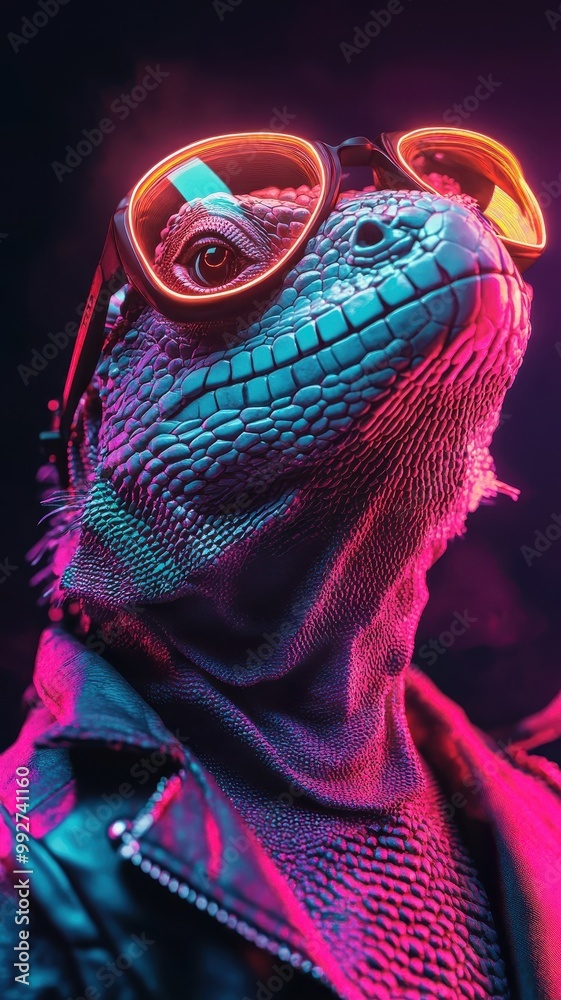 Obraz premium A lizard in Synthwave style, with neon colors and a retro-futuristic, vibrant atmosphere.