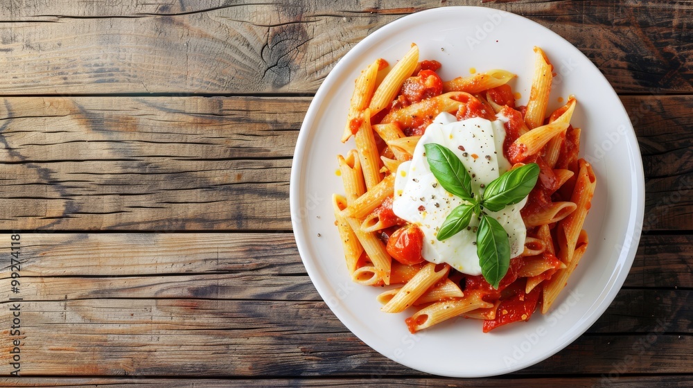 Top-Down Penne Pasta with Roasted Tomatoes, Tomato Sauce, and Melting Mozzarella Top-Down Penne Pasta with Roasted Tomatoes, Tomato Sauce, and Melting Mozzarella