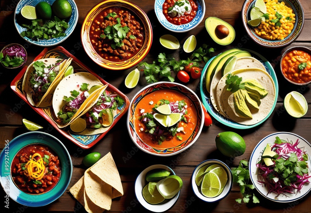 vibrant array colorful mexican dishes displayed rustic wooden table bright ingredients traditional serving style, appetizer, beans, cheese, condiment vibrant array colorful mexican dishes displayed rustic wooden table bright ingredients traditional serving style, appetizer, beans, cheese, condiment