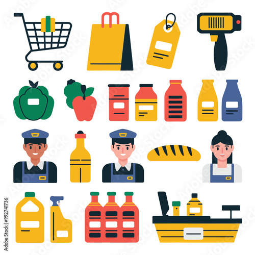 illustrations vector sale offer supper market items icon  for juice and basket ,label ,price , fruits , others 
