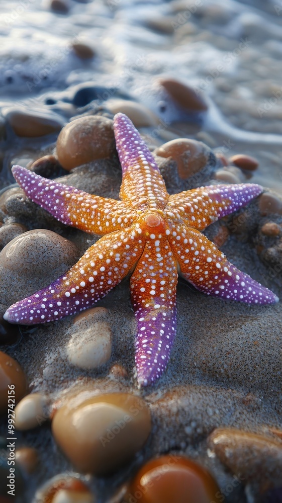 Starfish on a beach, partially buried in the sand with its vibrant colors contrasting against the shoreline. Starfish on a beach, partially buried in the sand with its vibrant colors contrasting against the shoreline.
