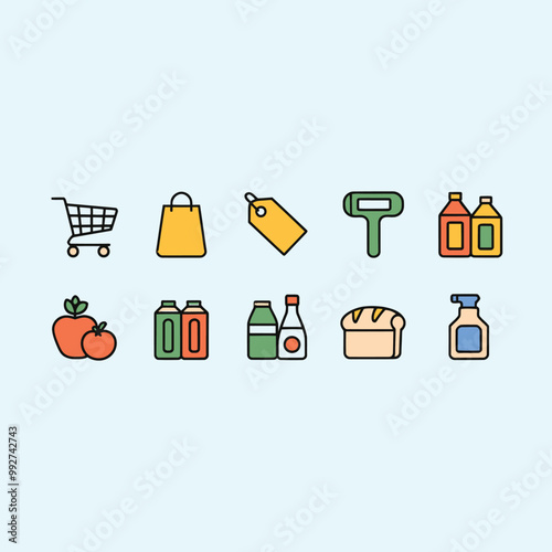 illustrations vector sale offer supper market items icon  for juice and basket ,label ,price , fruits , others 
