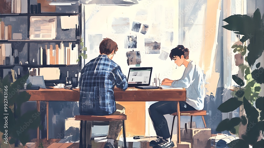 Two Friends Working Together at a Desk in a Sunny Room. Two Friends Working Together at a Desk in a Sunny Room.