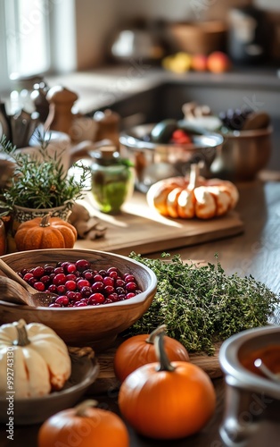 Thanksgiving feast preparation with ingredients like pumpkins, cranberries, herbs, and spices in a warm, inviting kitchen photo