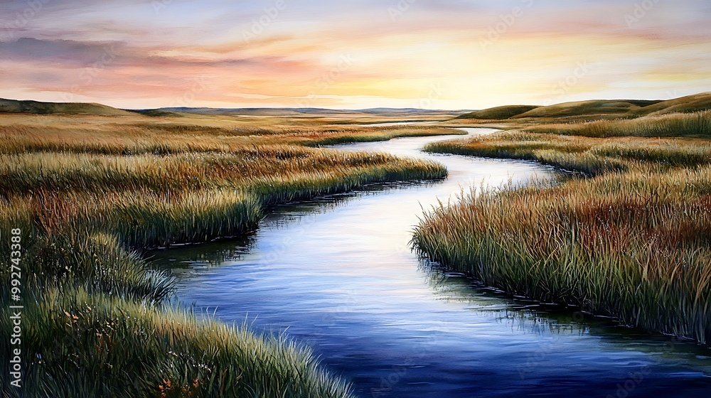 Serene Stream Winding Through a Grassy Meadow at Sunset. Serene Stream Winding Through a Grassy Meadow at Sunset.