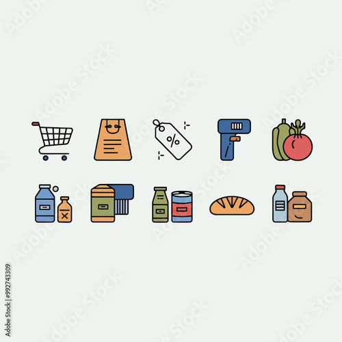 illustrations vector sale offer supper market items icon  for juice and basket ,label ,price , fruits , others 
