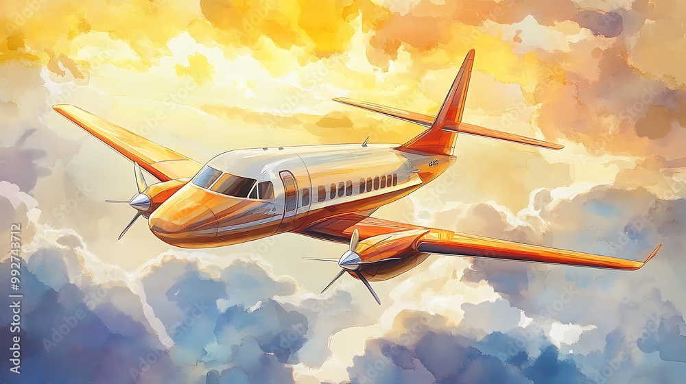 Naklejka premium Private Plane Flying Through Clouds at Sunset.