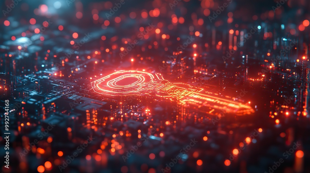 A 2D digital illustration representing the abstract future of technology with a cyber security key set against a high-tech backdrop.