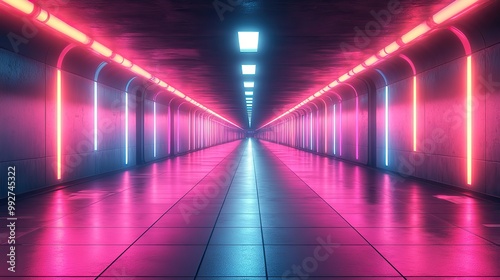 A 3D abstract rendering of a futuristic sci-fi interior with pink and blue neon tubes, creating a digital technology environment.