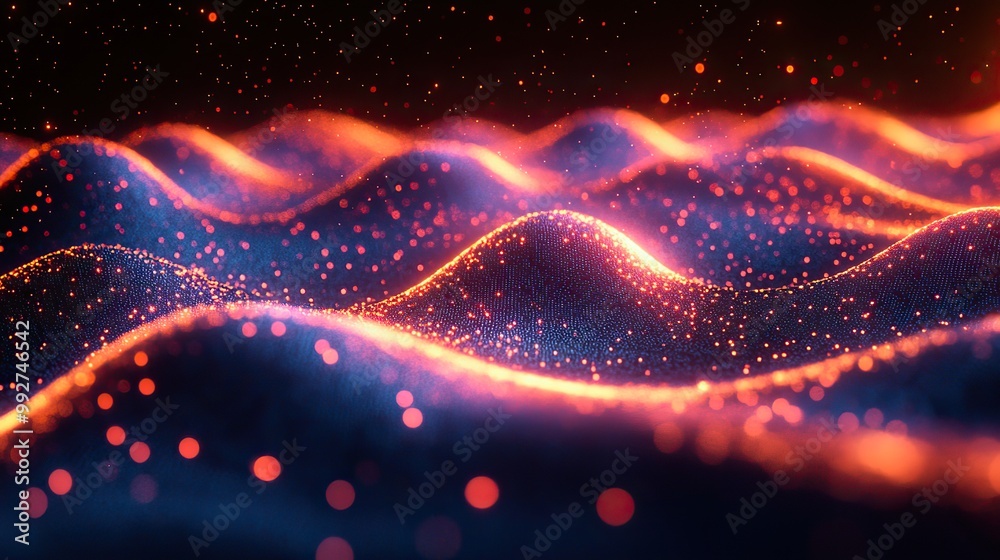 A 3D digital wave flows with technology, creating a cyber background that emphasizes the dynamic movement of digital structures. A 3D digital wave flows with technology, creating a cyber background that emphasizes the dynamic movement of digital structures.