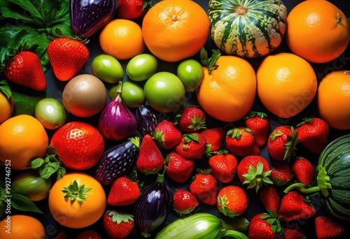 vibrant food visuals showcasing fresh fruits vegetables colorful arrangement rich textures natural light, appetizing, brightness, composition, culinary