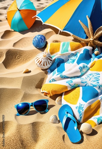 colorful beach accessories artistically arranged bright towel under sun, vibrant, summer, sand, relaxation, fashion, outdoor, leisure, fun, travel, design photo