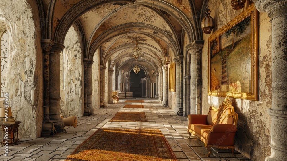 Fototapeta premium Fantasy medieval gallery in the castle.