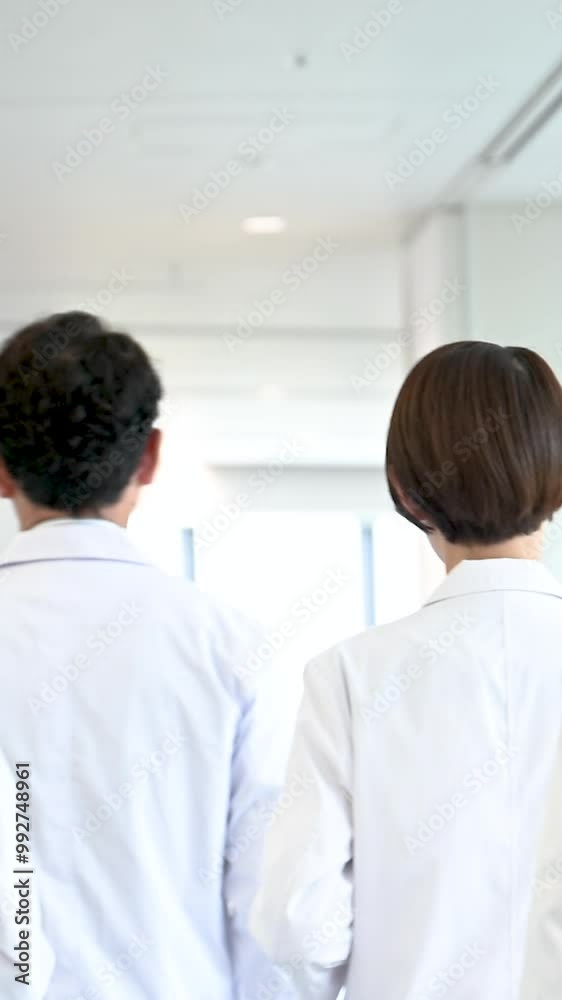 Vertical video image of the walking part of the image of several doctors and researchers all together. back view without face Vertical video image of the walking part of the image of several doctors and researchers all together. back view without face
