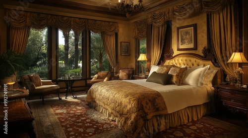 Luxurious Bedroom with Gold Accents and a View of Lush Greenery