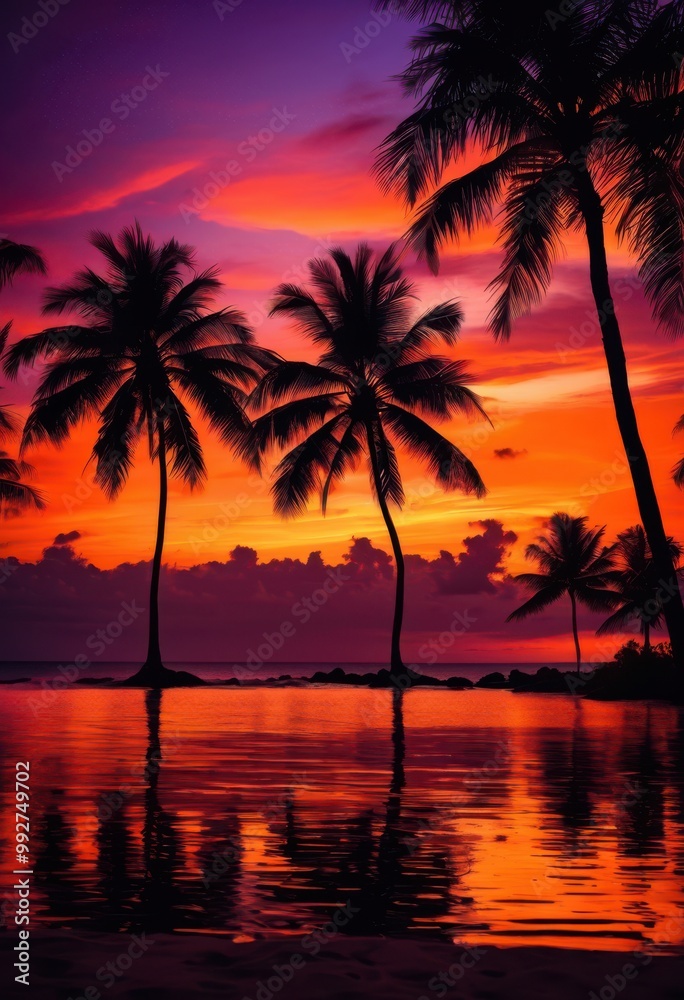 vibrant palm silhouettes stunning sunset backdrop creating breathtaking tropical scene, sky, clouds, nature, landscape, horizon, tree, exotic, reflection
