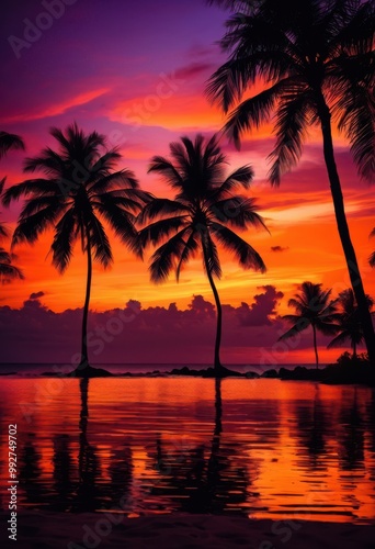 vibrant palm silhouettes stunning sunset backdrop creating breathtaking tropical scene, sky, clouds, nature, landscape, horizon, tree, exotic, reflection