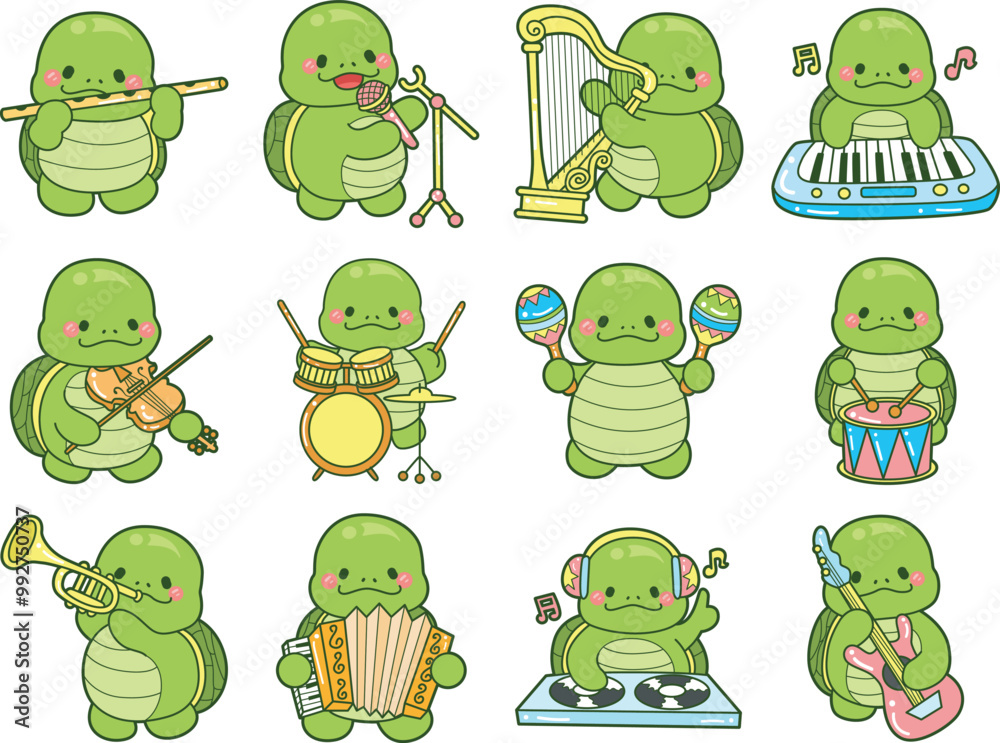 Obraz premium Kawaii turtle daily life sticker cute. Cute turtle mascot illustrations.