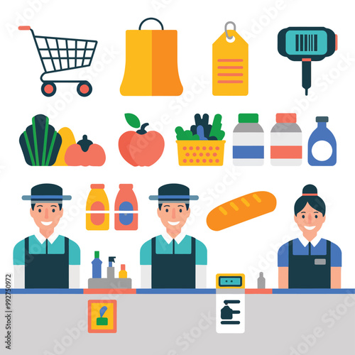 illustrations vector sale offer supper market items icon  for juice and basket ,label ,price , fruits , others 
