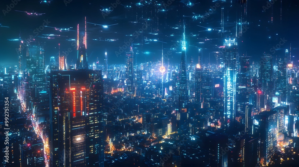 3. A vibrant city skyline at night, illuminated by drone lights and ...