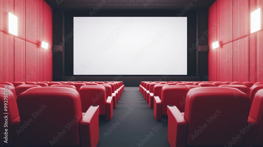 Empty cinema hall with rows of luxurious red recliners and a blank white screen. AI-generated, no people, no logos.