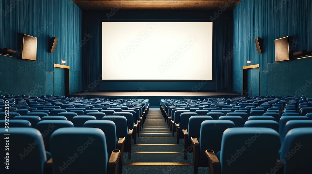 Fototapeta premium Empty cinema interior with rows of blue seats and a blank white screen mockup in a minimalist design. No people, no logos.