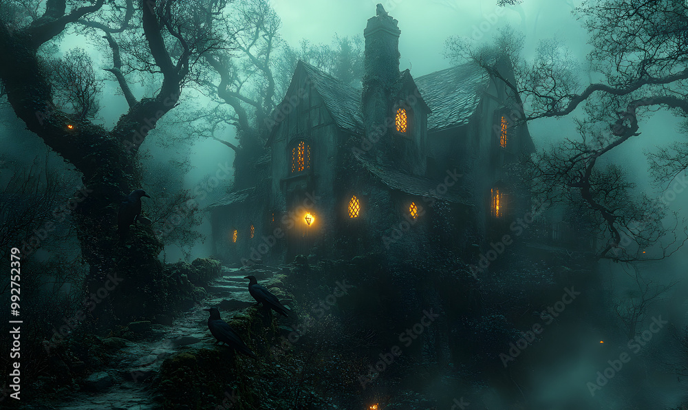 A Haunted House Surrounded by Crows with Misty Trees and a Full Moon in the Background
A Haunted House Surrounded by Crows with Misty Trees and a Full Moon in the Background