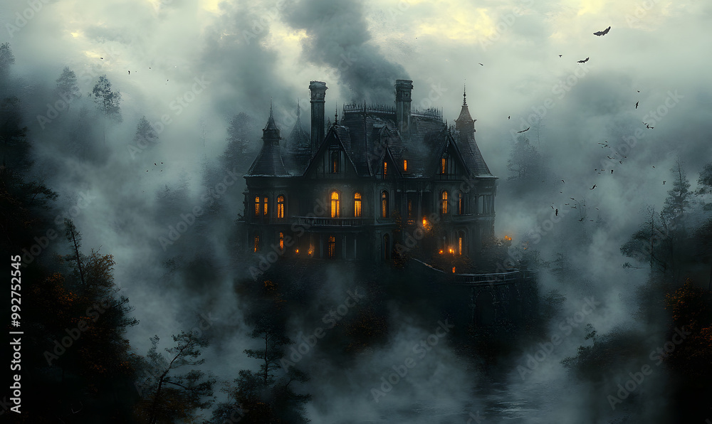 A Haunted House Surrounded by Crows with Misty Trees and a Full Moon in the Background
A Haunted House Surrounded by Crows with Misty Trees and a Full Moon in the Background