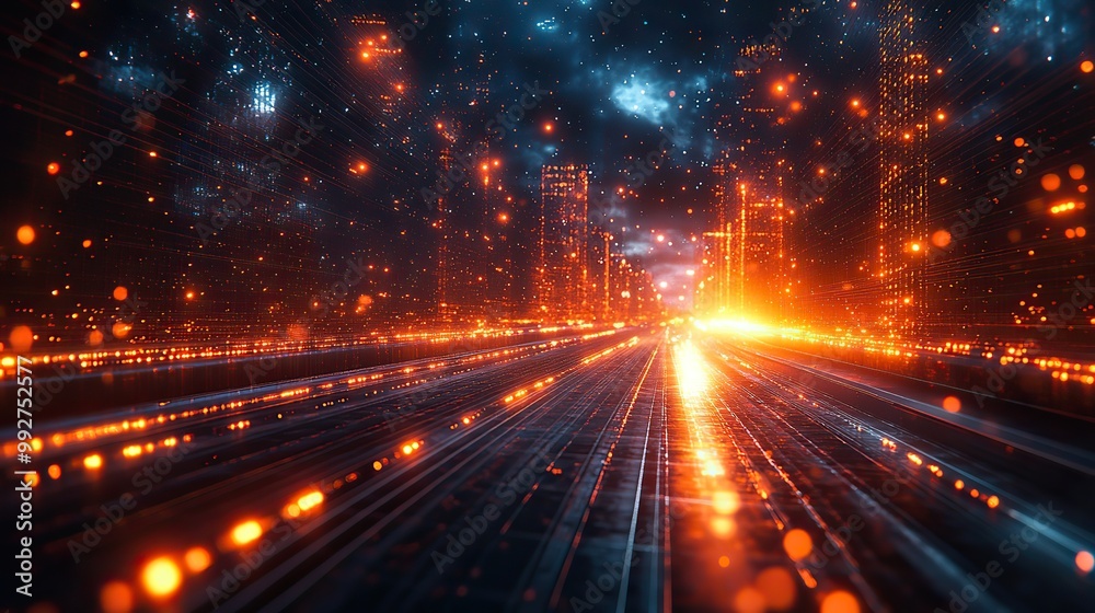 Obraz premium A 3D rendering of a city at night, with light trails and wireframe elements illustrating a digital technology background.