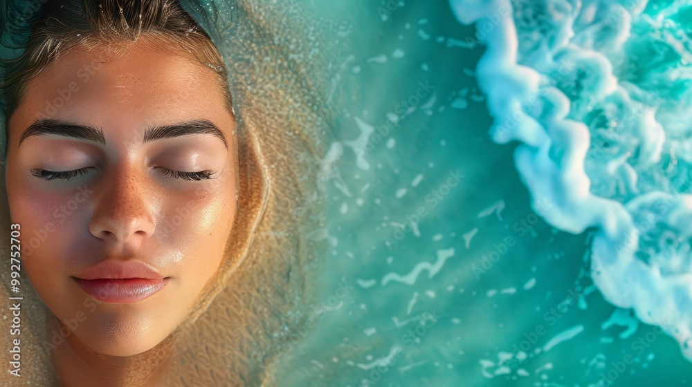 Serene Beach Face Merging with Tranquil Waves Serene Beach Face Merging with Tranquil Waves