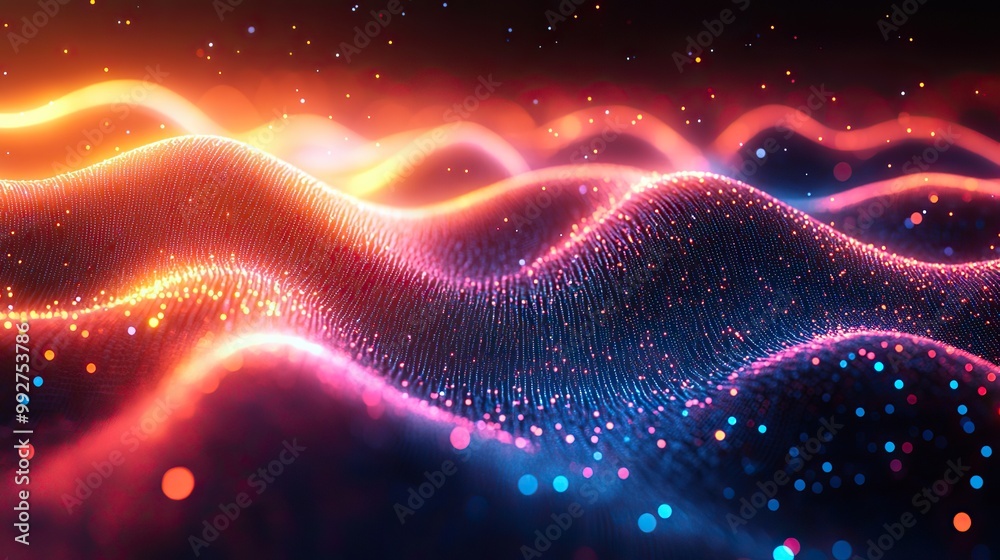 A 3D rendering of a futuristic wave with moving dots, representing big data and cyber technology in a colorful abstract design. A 3D rendering of a futuristic wave with moving dots, representing big data and cyber technology in a colorful abstract design.