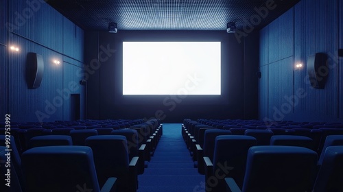 Movie theater interior with dark blue seats and a perfectly blank white screen. AI-generated, no people, no logos.